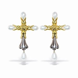 Trendy Gold and Silver Cross Earrings With Pearl Accents